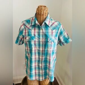 Wrangler Western Pearl Snap Shirt Womens Medium Blue and Pink Plaid Button Down